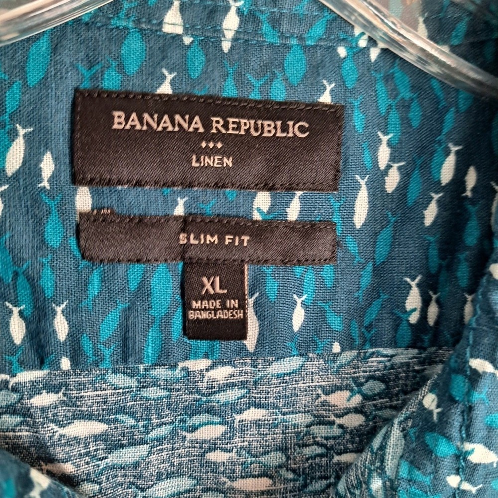 Banana Republic Shirt Men XL Multi Fish AOP Linen Slim Fit Short Sleeve - Picture 4 of 8